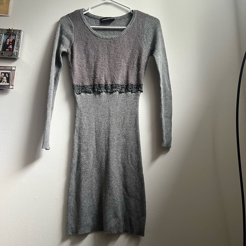 Vintage Pierre Cardin Paris Grey Knit Bodycon Long Sleeve Mini Dress Lace Detail